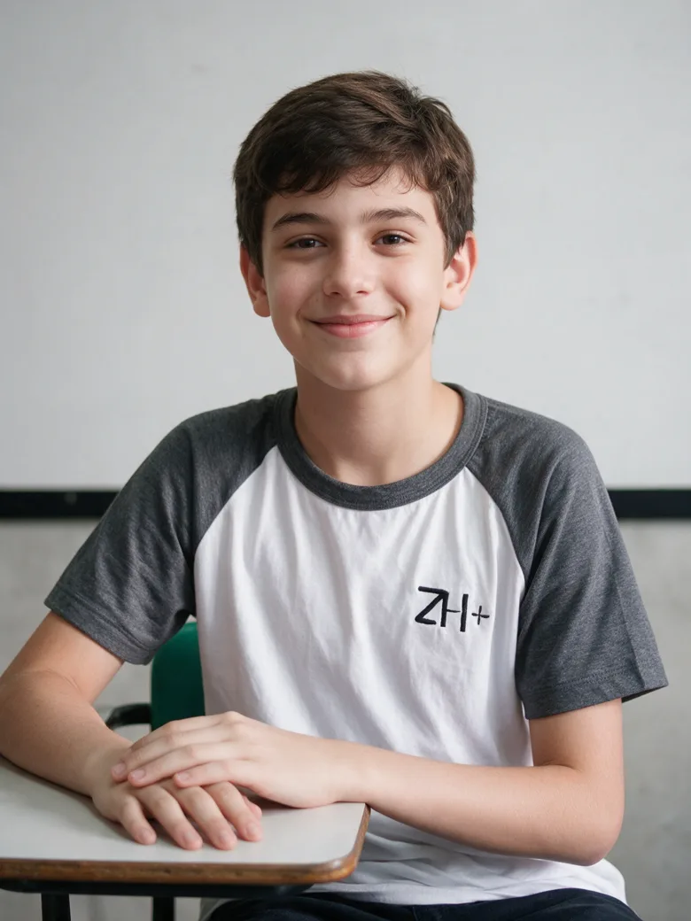 Aluno do Fundamental II sorrindo, sentado na carteira